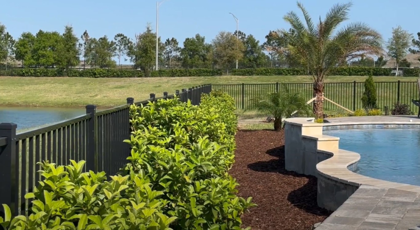 Poolside landscape with dark fence, ornamental shrubs, and mulch beds in Brookline, MA